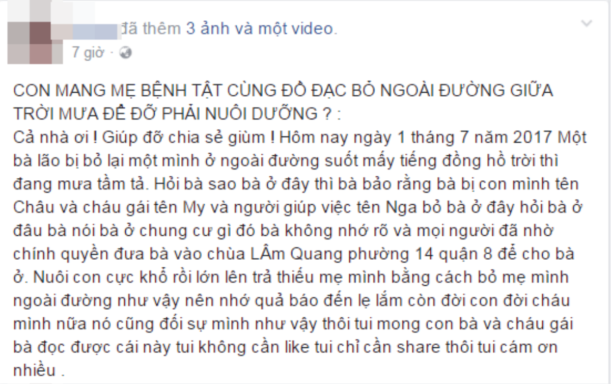 Cụ bà 84 tuổi bị bỏ rơi trong trời mưa gió: ‘Cháu tôi đưa đi bằng xe hơi và cho 100.000 đồng’ Ảnh 1