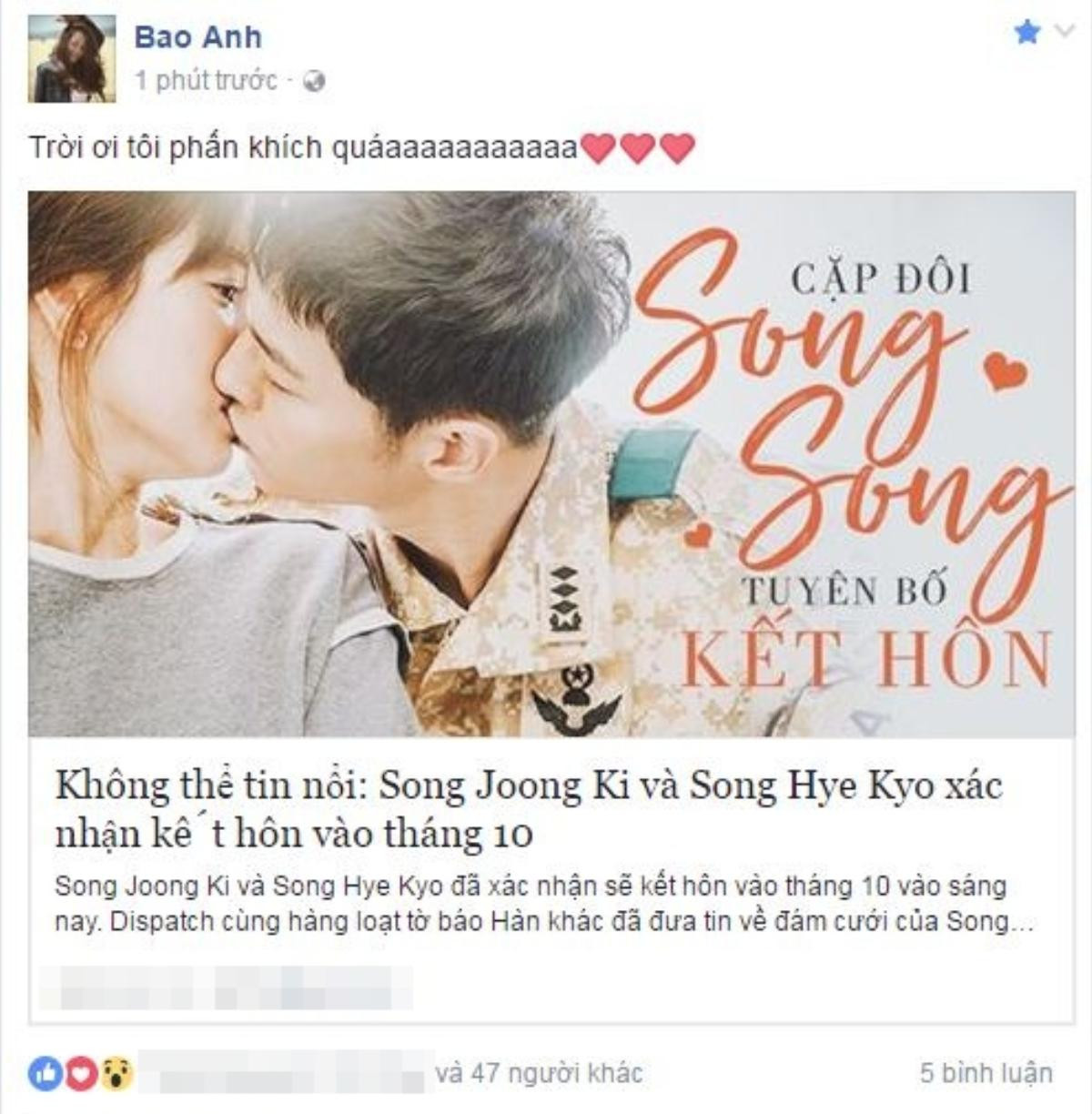 Hòa Minzy 'vỡ mộng', Bảo Anh - Đông Nhi phấn khích tột độ khi hay tin Song Joong Ki và Song Hye Kyo kết hôn Ảnh 2