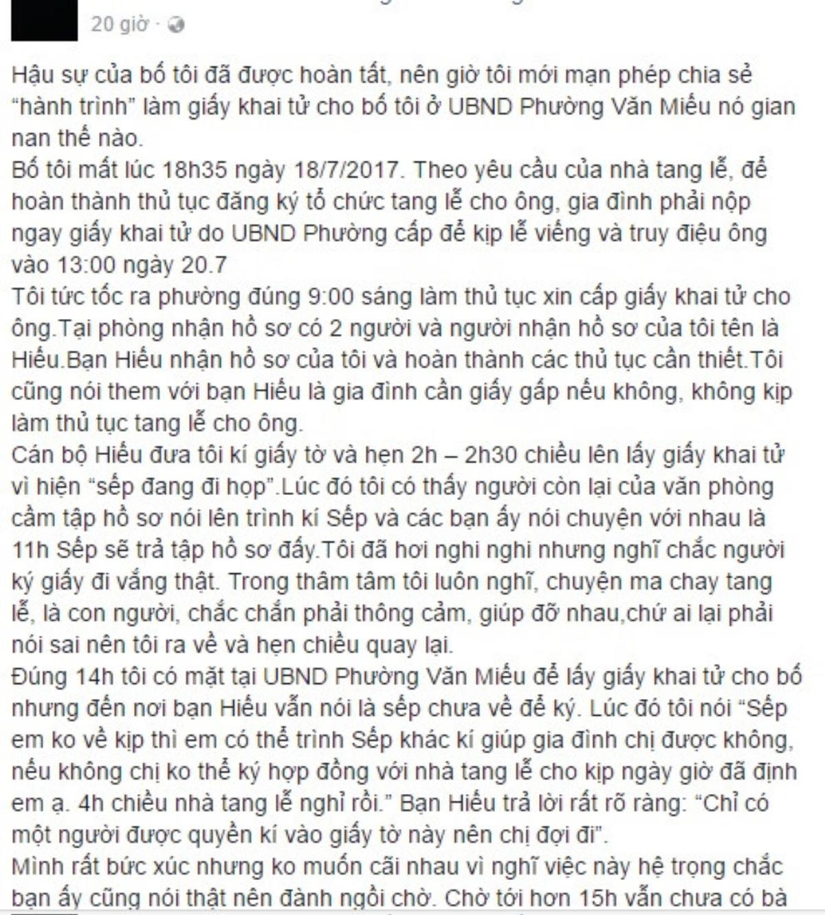 Lãnh đạo phường phủ nhận việc đòi tiền 'lót tay' mới ký giấy chứng tử Ảnh 1