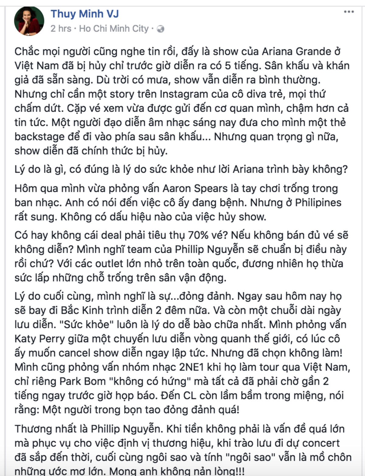 MC Thuỳ Minh lên tiếng: 'Ariana huỷ show có thể vì đỏng đảnh và bệnh ngôi sao' Ảnh 3