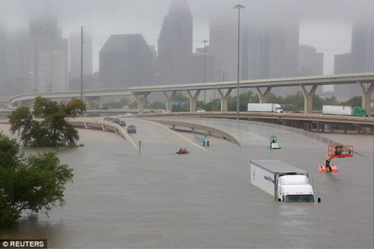 Nhà ngập trong biển nước sau siêu bão Harvey, 2 cha con ở Houston vẫn lạc quan bắt cá Ảnh 2