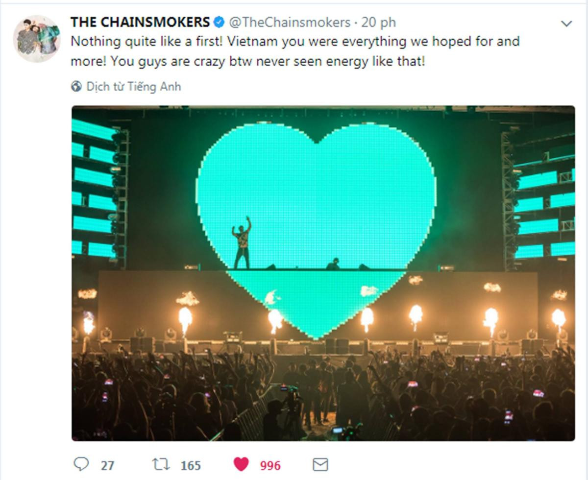 Chưa bao giờ thấy ai cuồng nhiệt đến thế, The Chainsmokers khen fan Việt: 'Các bạn thật điên' Ảnh 1