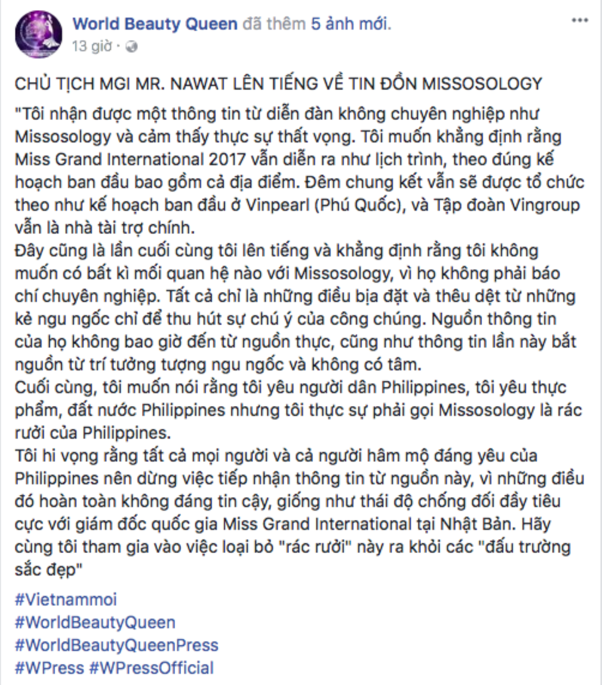 Chủ tịch Hoa hậu Hòa bình Quốc tế bác tin bị rút tài trợ ở mùa giải Việt Nam đăng cai, cho trang Missosology là 'rác rưởi' Ảnh 2