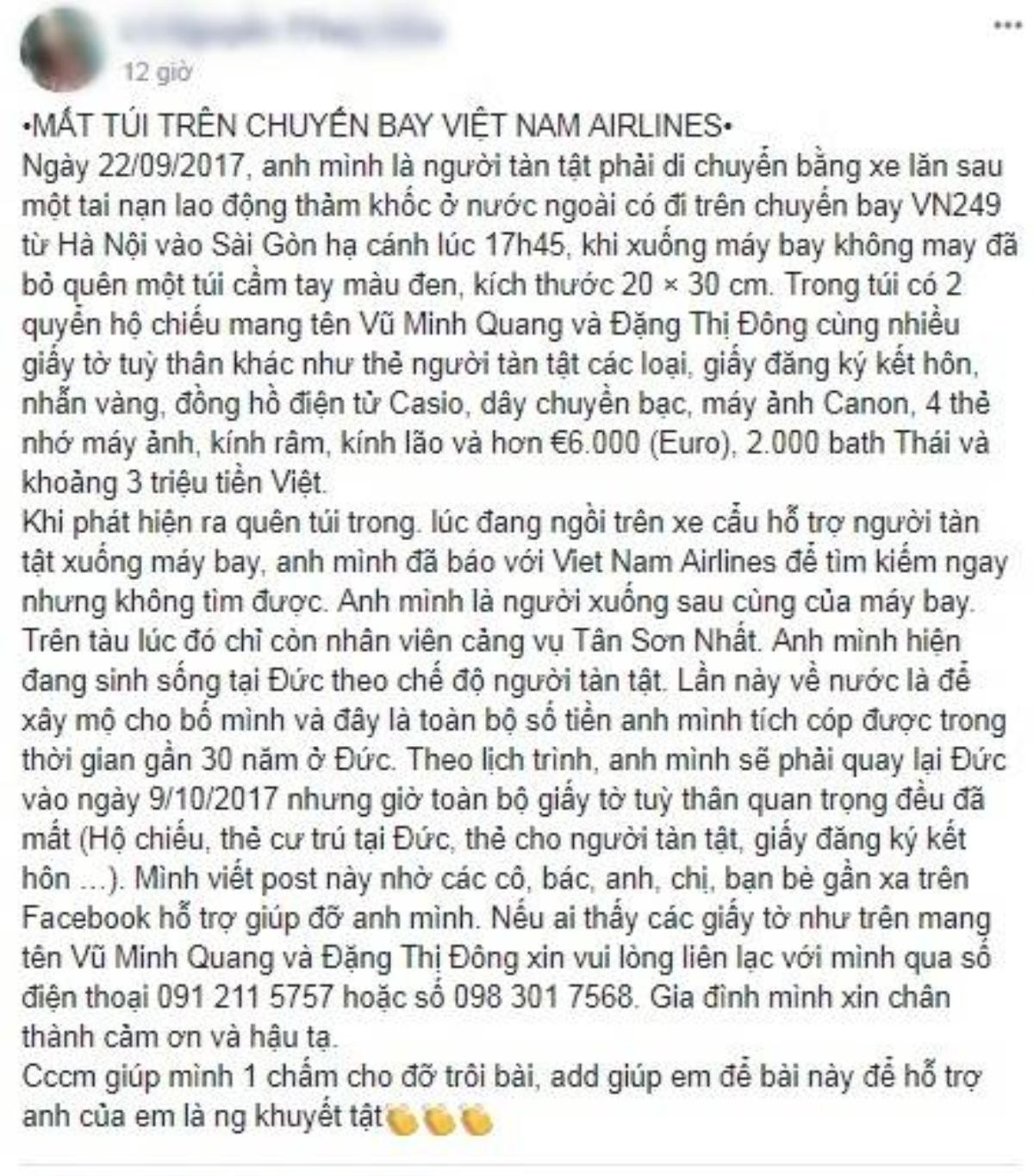 Nam hành khách tàn tật ngồi xe lăn để quên túi chứa 6000 Euro cùng nhiều tài sản trên chuyến bay Vietnam Airlines Ảnh 1