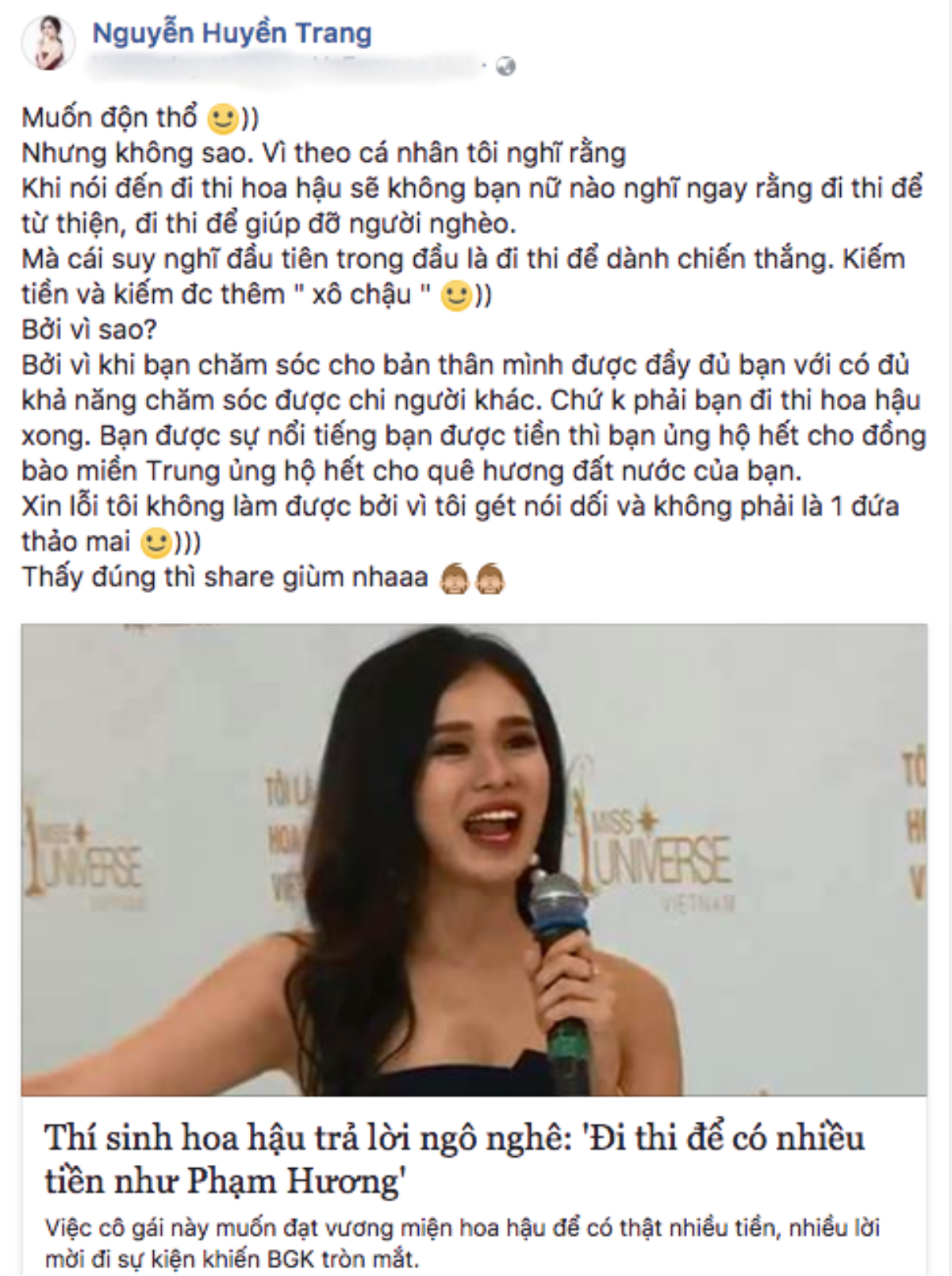 Hậu phát ngôn sốc, thí sinh đi thi Hoa hậu để kiếm nhiều tiền như Phạm Hương bị loại khỏi Miss Universe Vietnam 2017? Ảnh 5