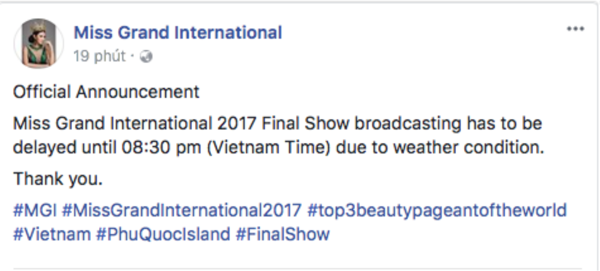 BTC Miss Grand International 2017 thông báo hoãn giờ bắt đầu đêm Chung kết do mưa lớn Ảnh 1