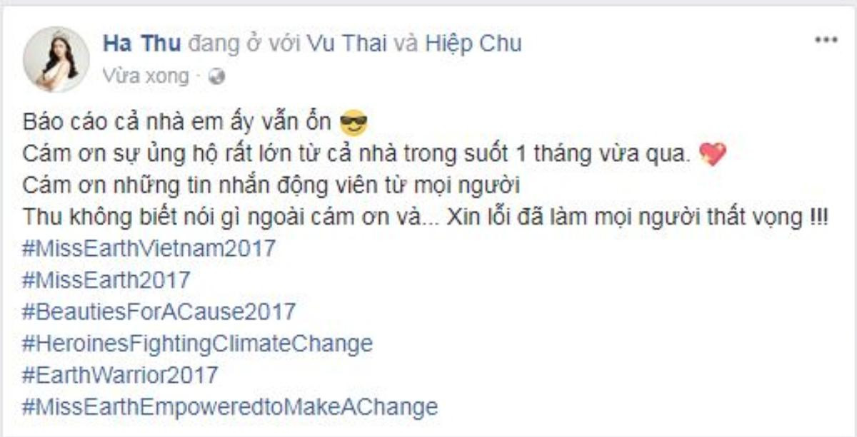 Á hậu Hà Thu xin lỗi khán giả quê nhà vì trượt Top 8 Miss Earth 2017 Ảnh 2