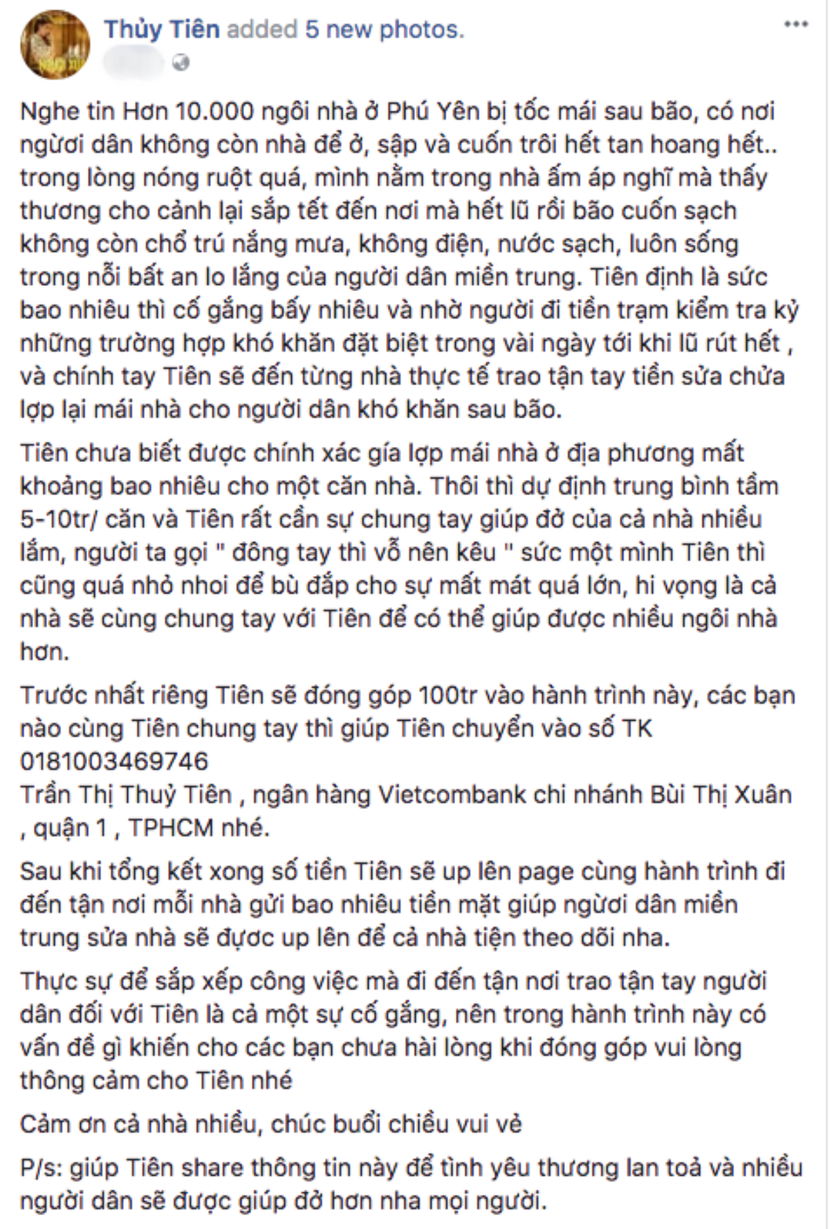 Thuỷ Tiên ủng hộ 100 triệu đồng, kêu gọi gây quỹ giúp đỡ nạn nhân sau cơn bão số 12 ở Phú Yên Ảnh 1