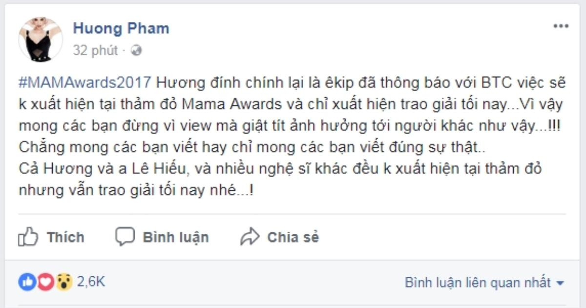 Phạm Hương lên tiếng trước ồn ào 'đi trễ' tại MAMA 2017 Ảnh 1