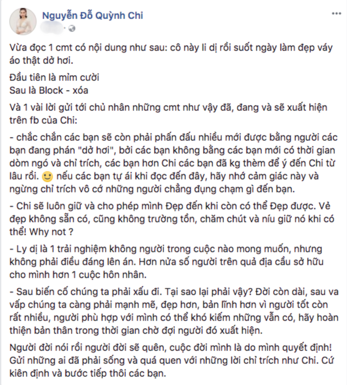 MC Quỳnh Chi đáp trả anti-fan khi bị công kích đã ly dị vẫn suốt ngày làm đẹp, xúng xính váy áo Ảnh 1