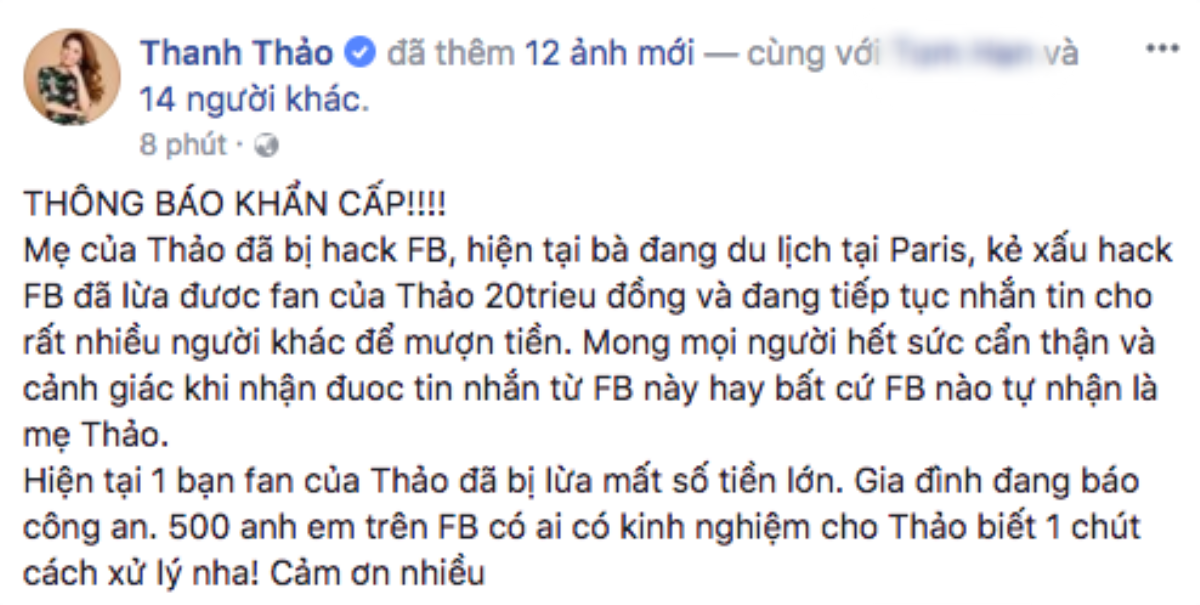 Mẹ ca sĩ Thanh Thảo bị hacker xâm nhập Facebook, lừa fan cả trăm triệu đồng Ảnh 2