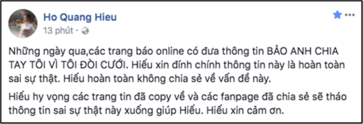 Hồ Quang Hiếu phủ nhận thông tin bị Bảo Anh chia tay vì đòi cưới sớm Ảnh 2