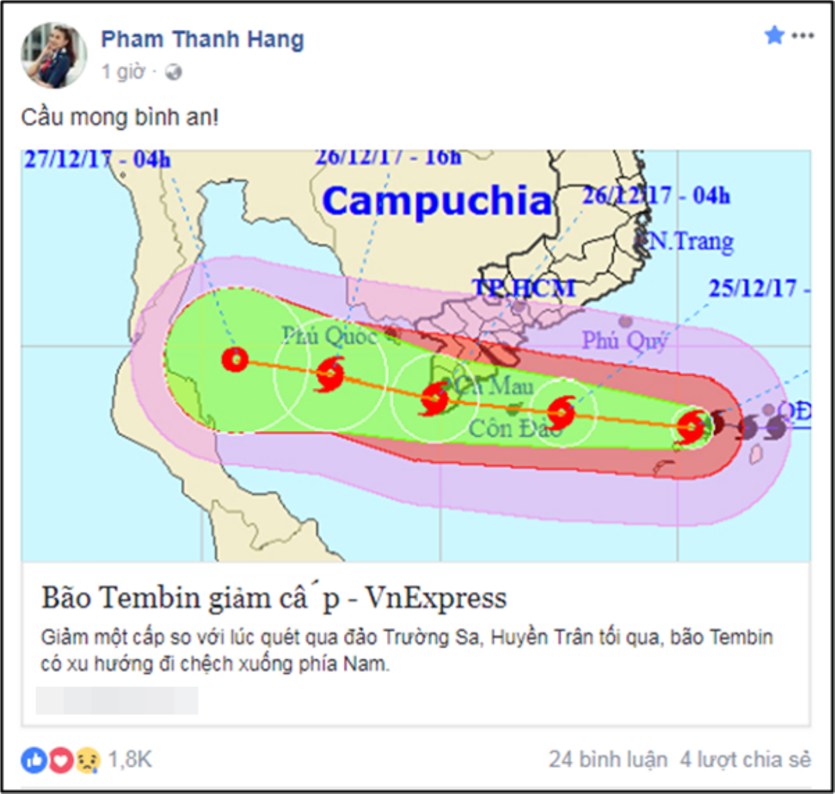 Sao Việt liên tục cập nhật tình hình 'siêu bão' Tembin, cầu bình an cho miền Nam Ảnh 2