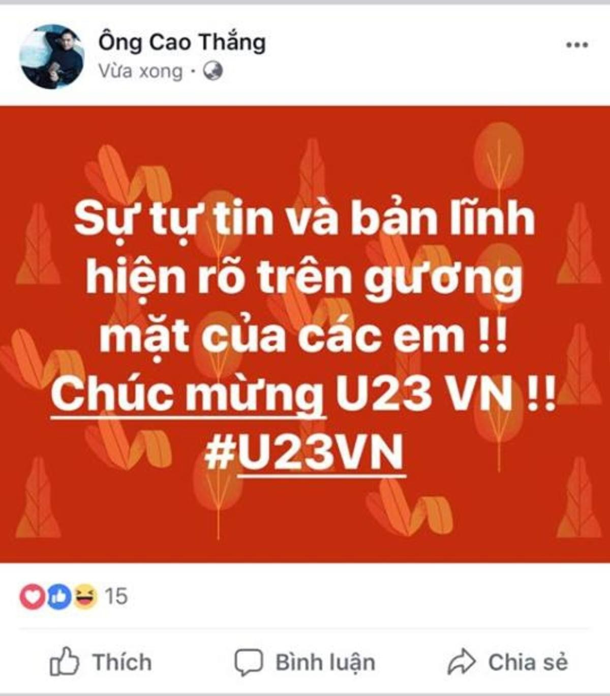 Sao Việt đồng loạt 'ăn mừng' U23 Việt Nam lần đầu vào bán kết giải châu Á trên Facebook Ảnh 1