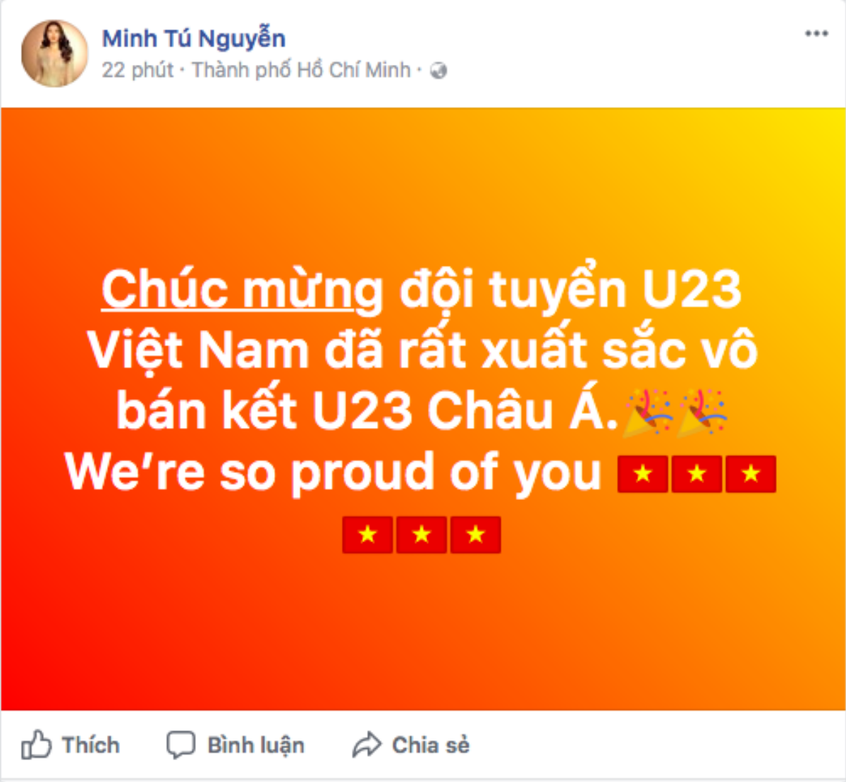 Sao Việt đồng loạt 'ăn mừng' U23 Việt Nam lần đầu vào bán kết giải châu Á trên Facebook Ảnh 8