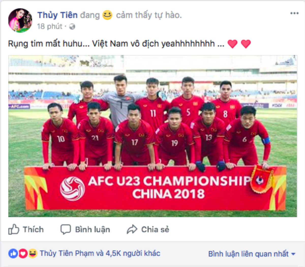 Sao Việt đồng loạt 'ăn mừng' U23 Việt Nam lần đầu vào bán kết giải châu Á trên Facebook Ảnh 7