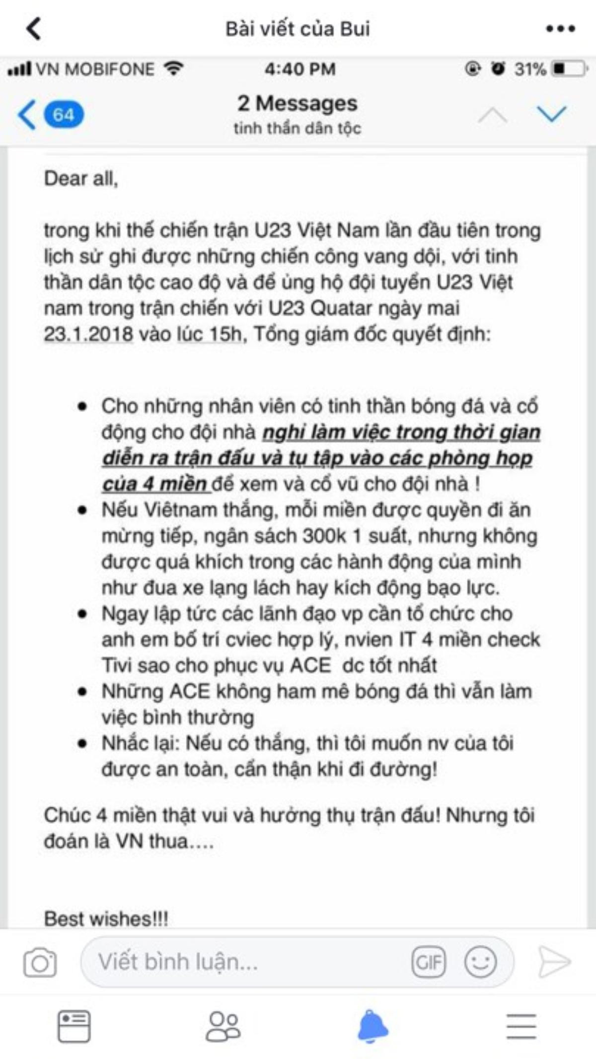 'Sếp nhà người ta' tâm lý chưa kìa: Cho nghỉ làm để xem bán kết, nghỉ thêm 1 ngày nếu U23 Việt Nam thắng Ảnh 1