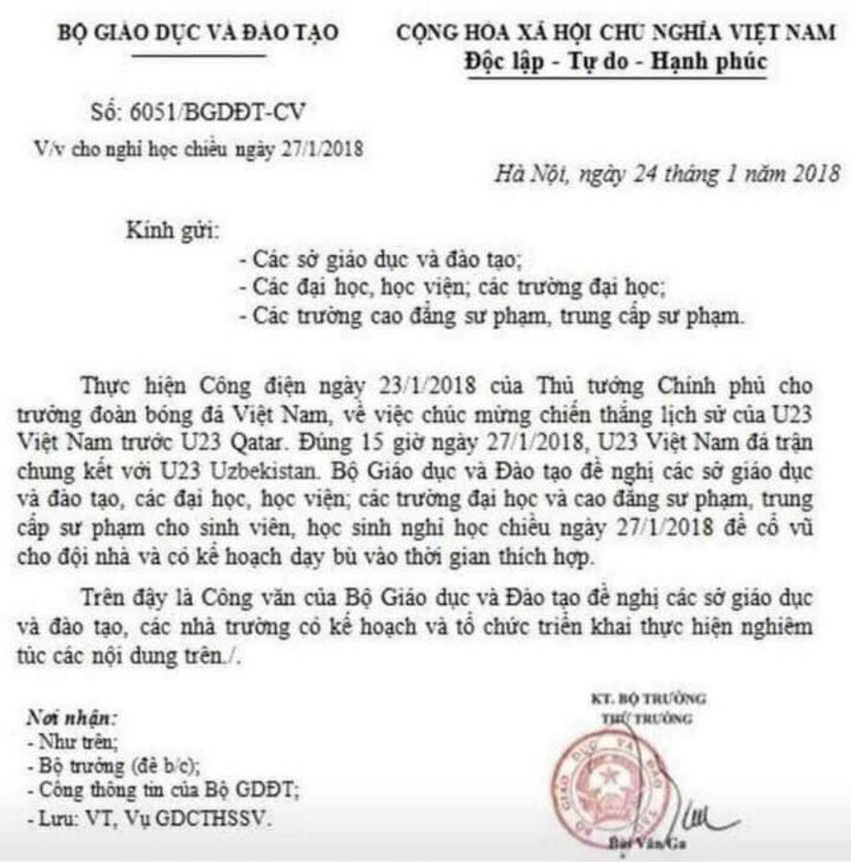 'Công văn' của Bộ GD-ĐT cho học sinh, sinh viên nghỉ học xem chung kết U23 là giả mạo Ảnh 1