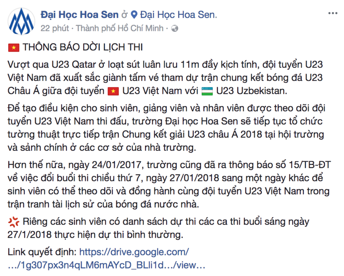 ĐH Hoa Sen huỷ lịch thi chiều thứ 7 để sinh viên tập trung cổ vũ U23 Việt Nam đá chung kết! Ảnh 1