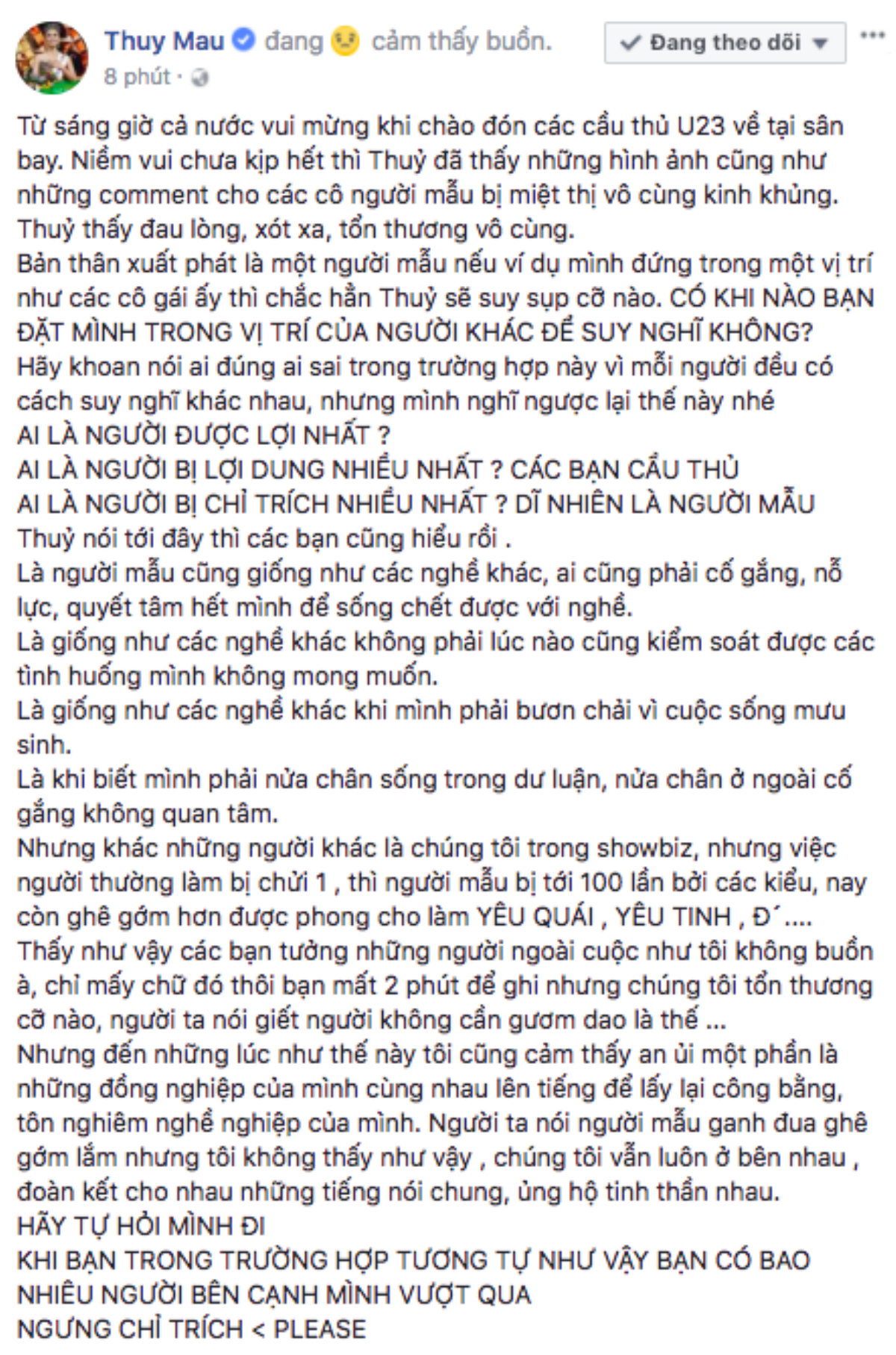 Mâu Thuỷ bức xúc khi các người mẫu trên chuyến bay đưa U23 về nước bị chỉ trích Ảnh 3