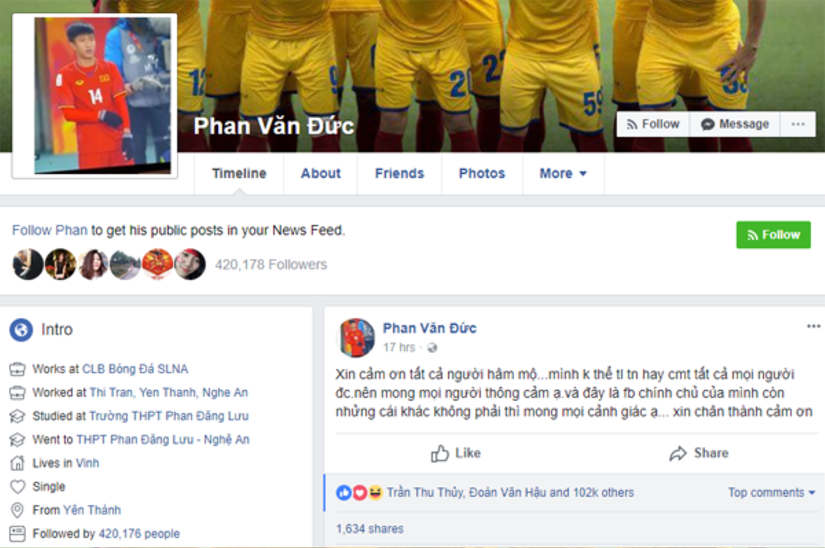 Facebook của Phan Văn Đức đến nay vẫn chưa được tick dấu xanh, đây có thể là lý do vì sao Ảnh 1