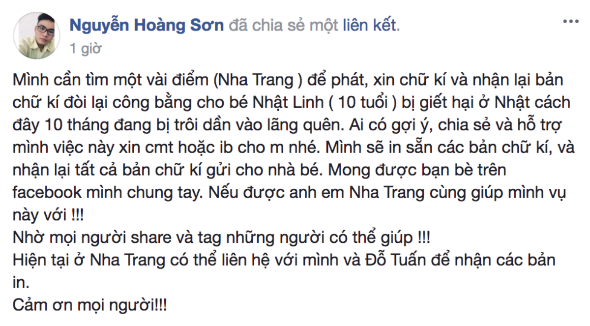 Cư dân mạng chia sẻ, kêu gọi nhau ký tên giúp đỡ gia đình bé Nhật Linh đòi lại công lý Ảnh 2