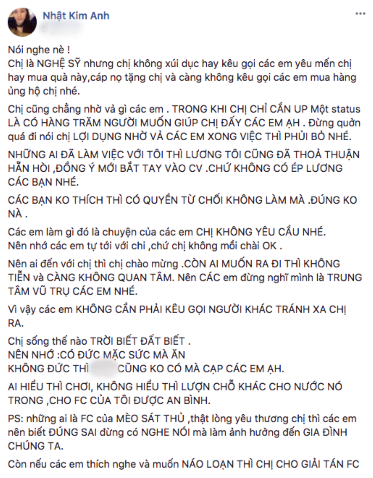 Nhật Kim Anh tức giận nhắn nhủ fan: 'Nếu các em muốn náo loạn thì chị cho giải tán FC' Ảnh 1