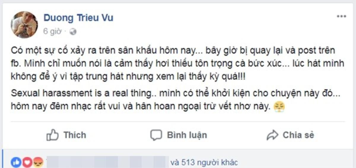 Dương Triệu Vũ có ý khởi kiện khi bị sàm sỡ vùng kín ngay trên sân khấu Ảnh 1