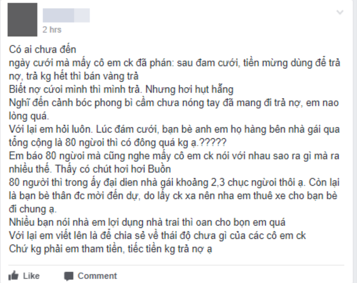 80 người thân và bạn bè sang ăn cỗ đám cưới bên nhà trai, cô dâu bị em chồng phũ phàng: 'Tiền mừng để trả nợ' Ảnh 1