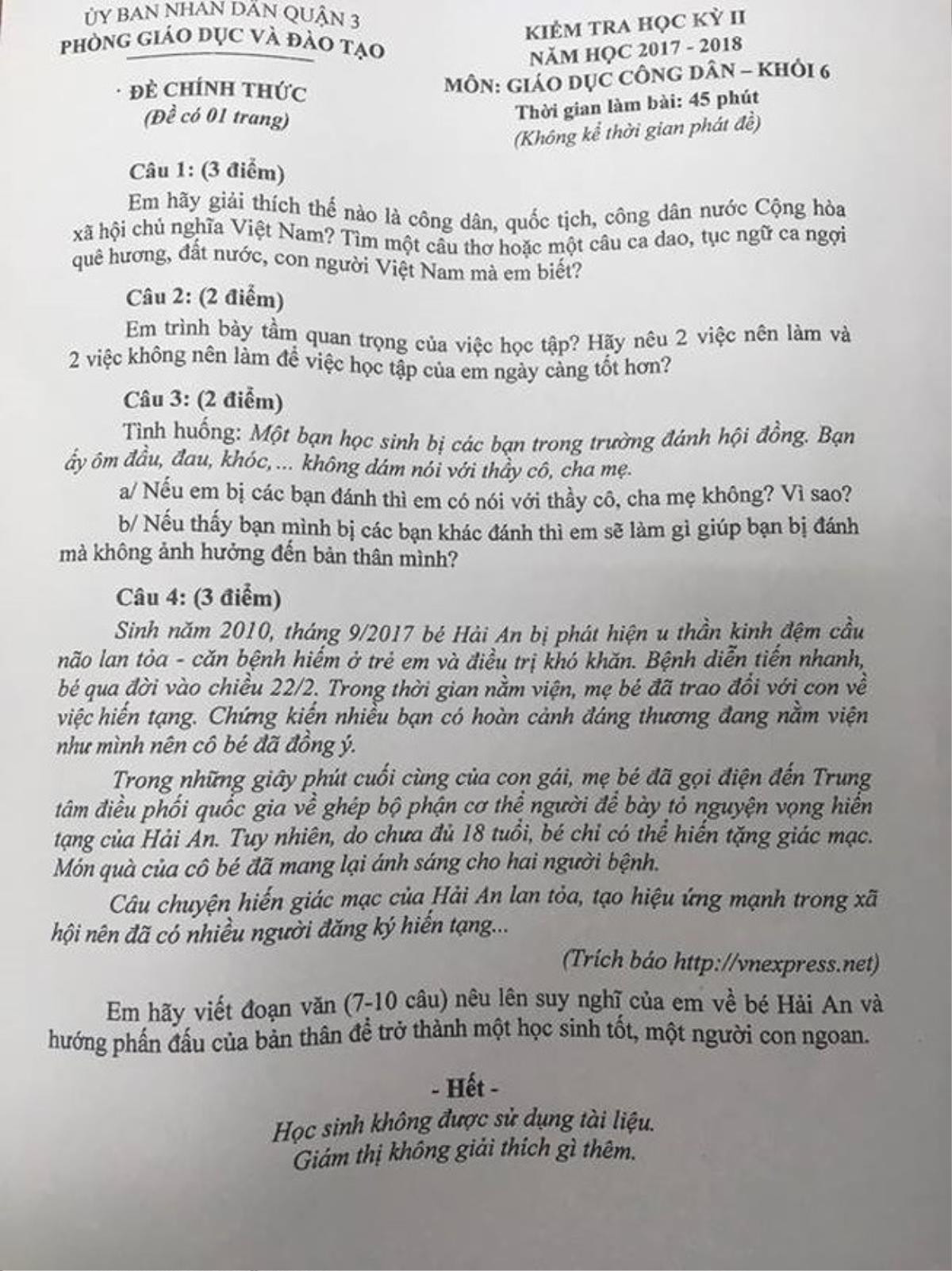 Câu chuyện bé Hải An hiến giác mạc vào đề thi Giáo dục Công dân Ảnh 1