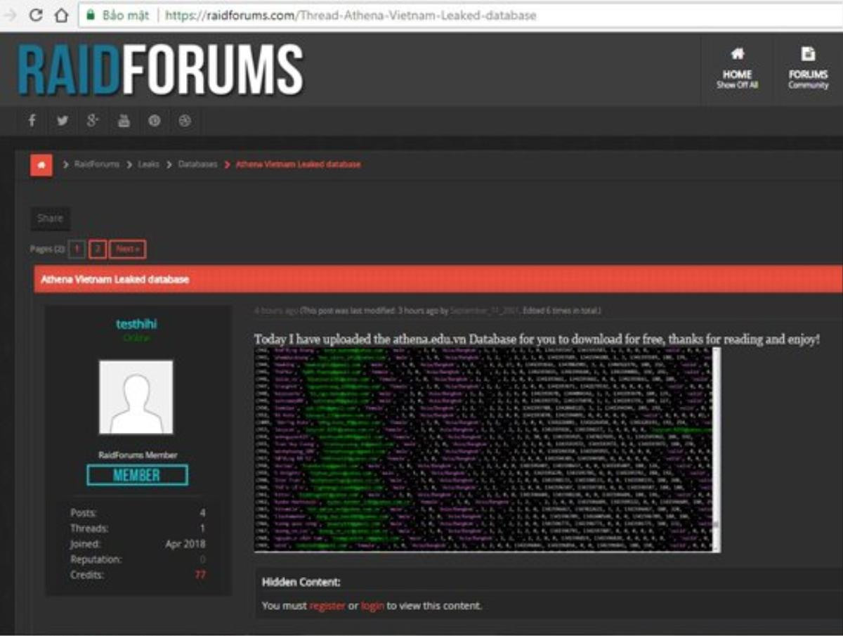 Sau VNG, đến lượt Trung tâm An ninh mạng Athena bị hack và chia sẻ dữ liệu lên diễn đàn Raidforums.com Ảnh 1