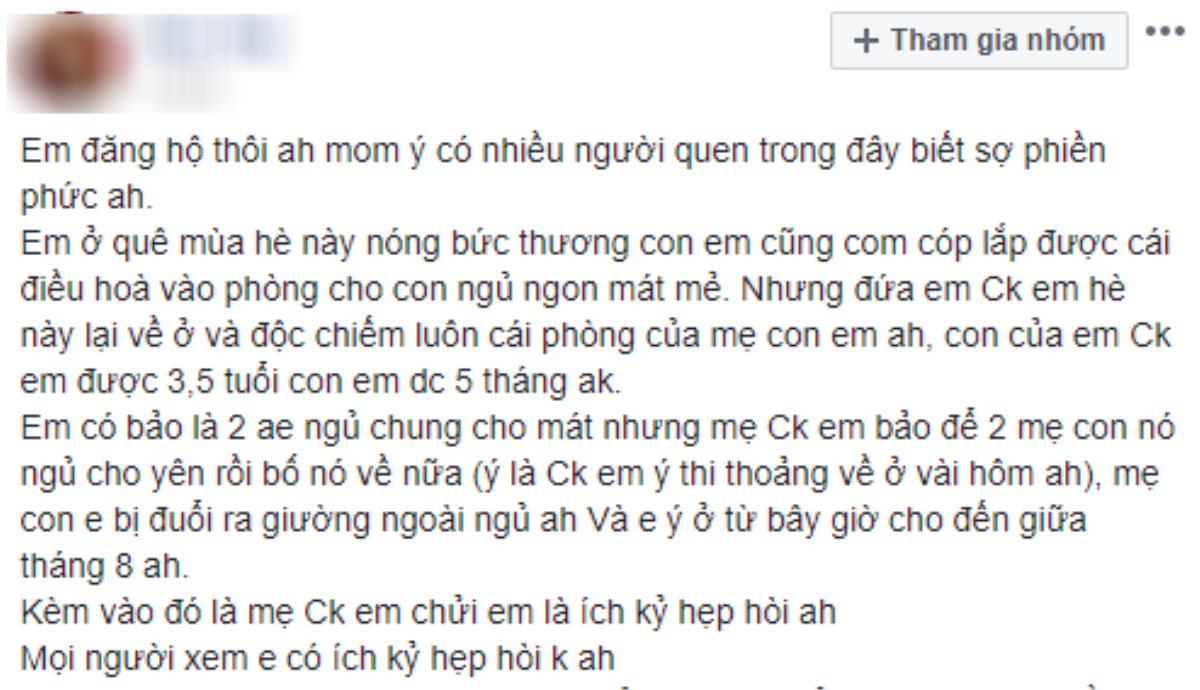 Dân mạng sôi máu khi nghe chuyện em chồng ngang nhiên cướp phòng riêng có điều hòa của mẹ và bé 5 tháng tuổi Ảnh 1