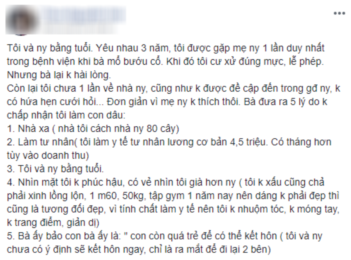 Mẹ bạn trai đưa ra 5 lý do không chấp nhận, dân mạng sục sôi khuyên cô gái chấm dứt nhanh khỏi phí tuổi thanh xuân Ảnh 1