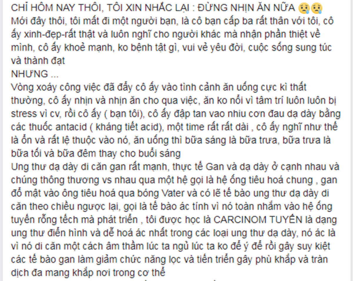 Hồi chuông cảnh tỉnh 'đừng nhịn ăn nữa' từ cô gái mất đi người bạn thân vì ung thư dạ dày Ảnh 1