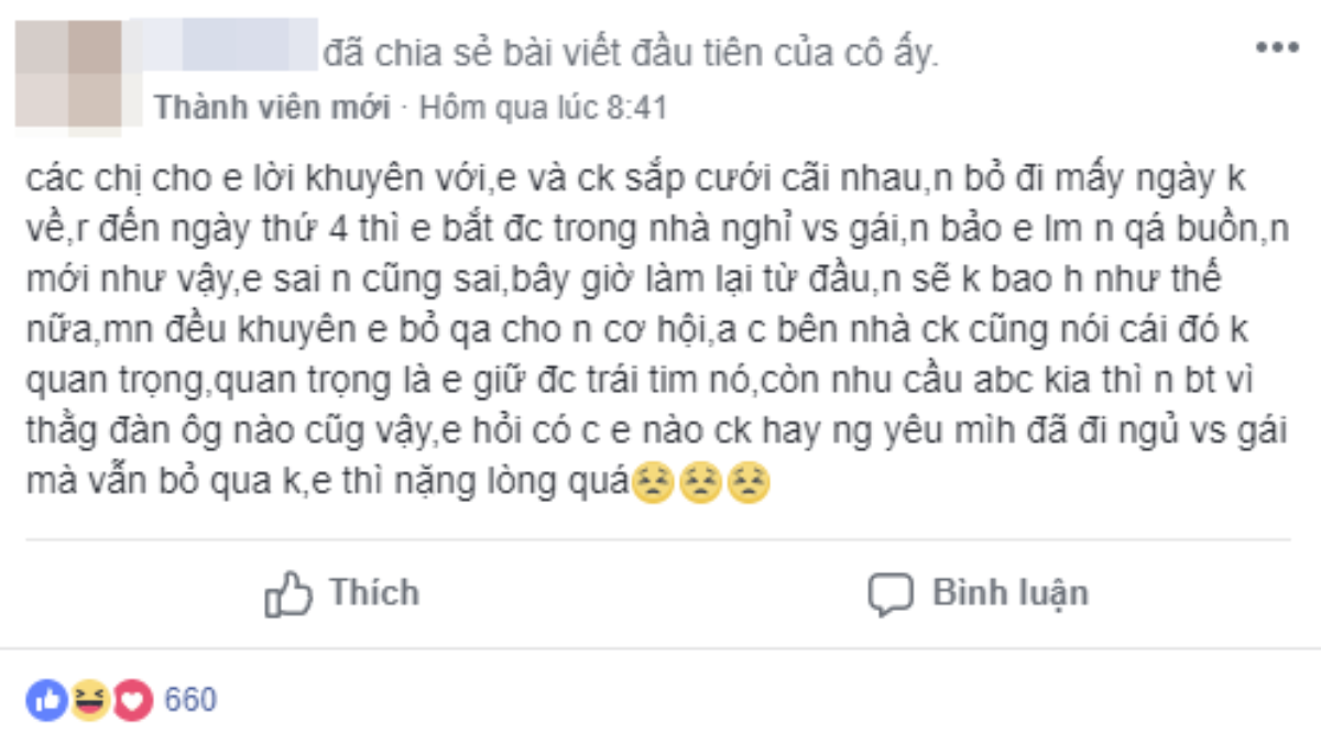 Bắt tại trận chồng sắp cưới với gái lạ trong nhà nghỉ, vợ còn đăng đàn hỏi có nên tha thứ để quay về Ảnh 1