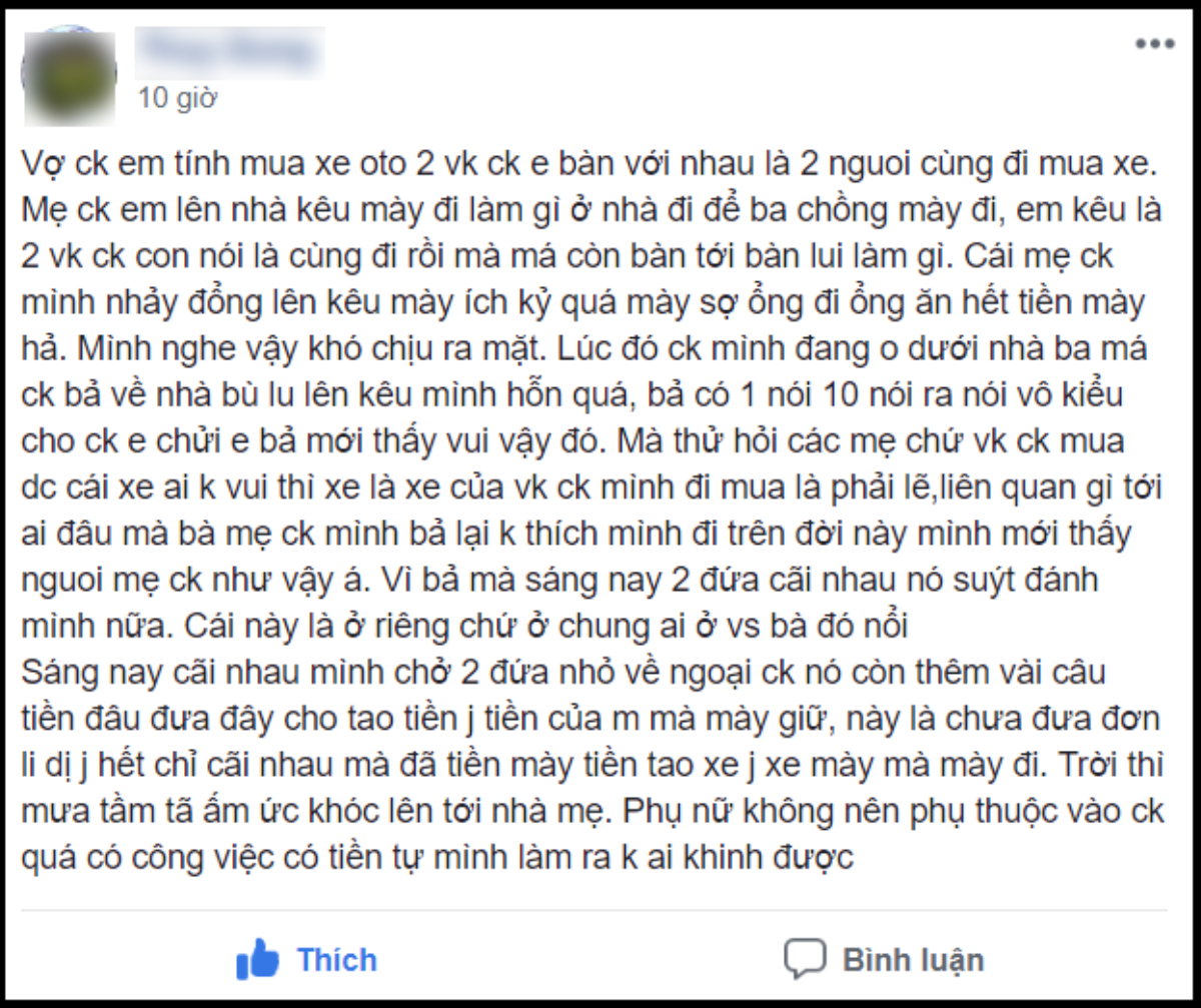 Chỉ xin đi mua ô tô cùng thôi mà nàng dâu bị mẹ chồng dằn mặt, suýt bị chồng đánh và đòi chia tài sản Ảnh 1