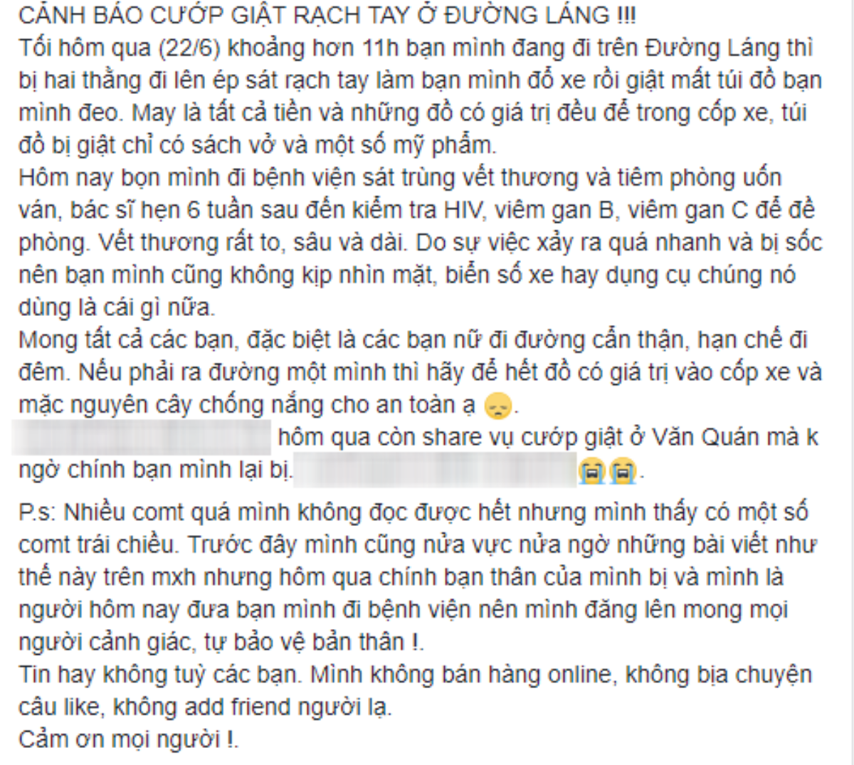 Xác minh thông tin thiếu nữ bị 2 thanh niên rạch tay cướp túi xách trong đêm Ảnh 1