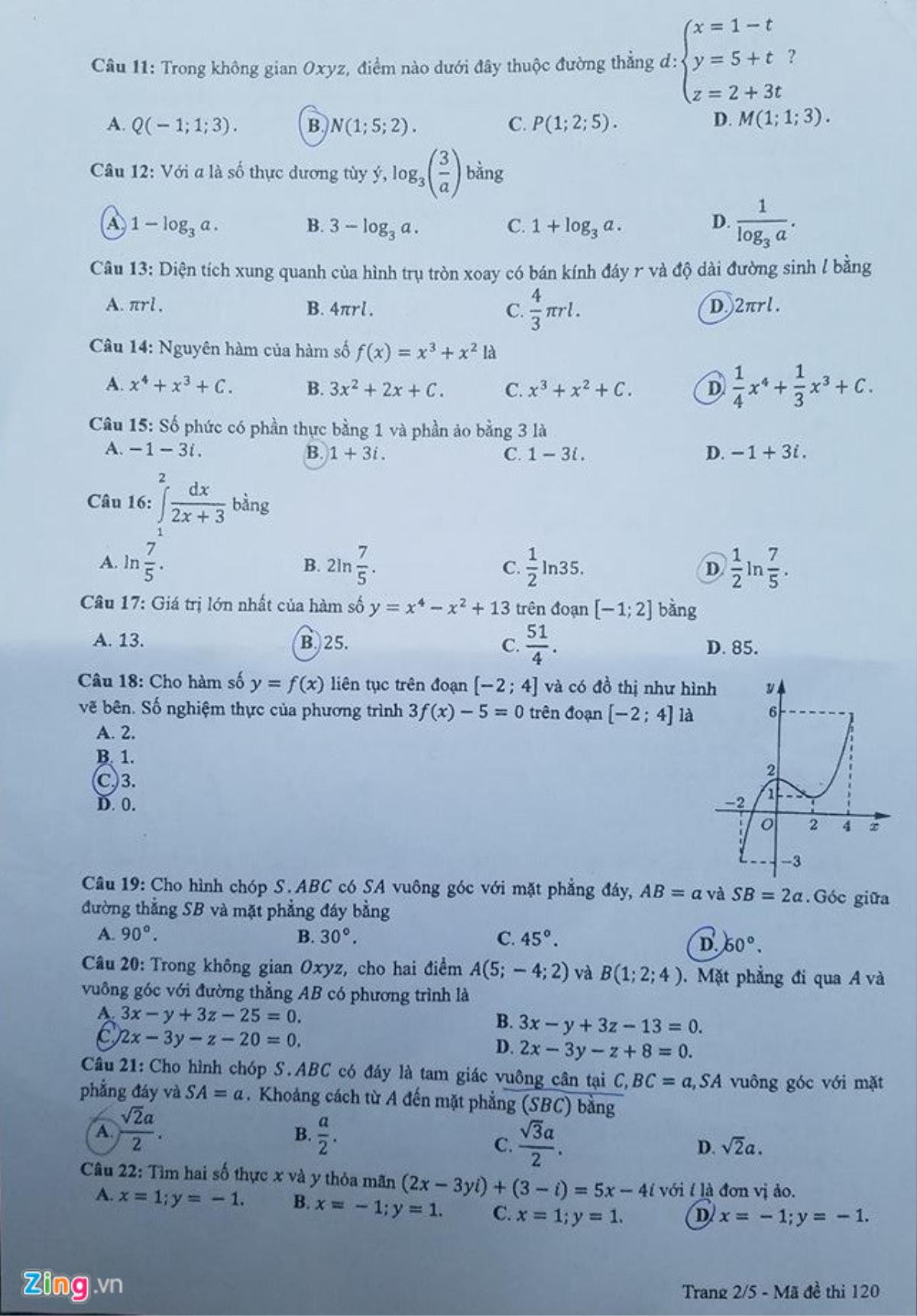 Bài giải đề thi môn Toán THPT quốc gia 2018 mã đề 120 Ảnh 2