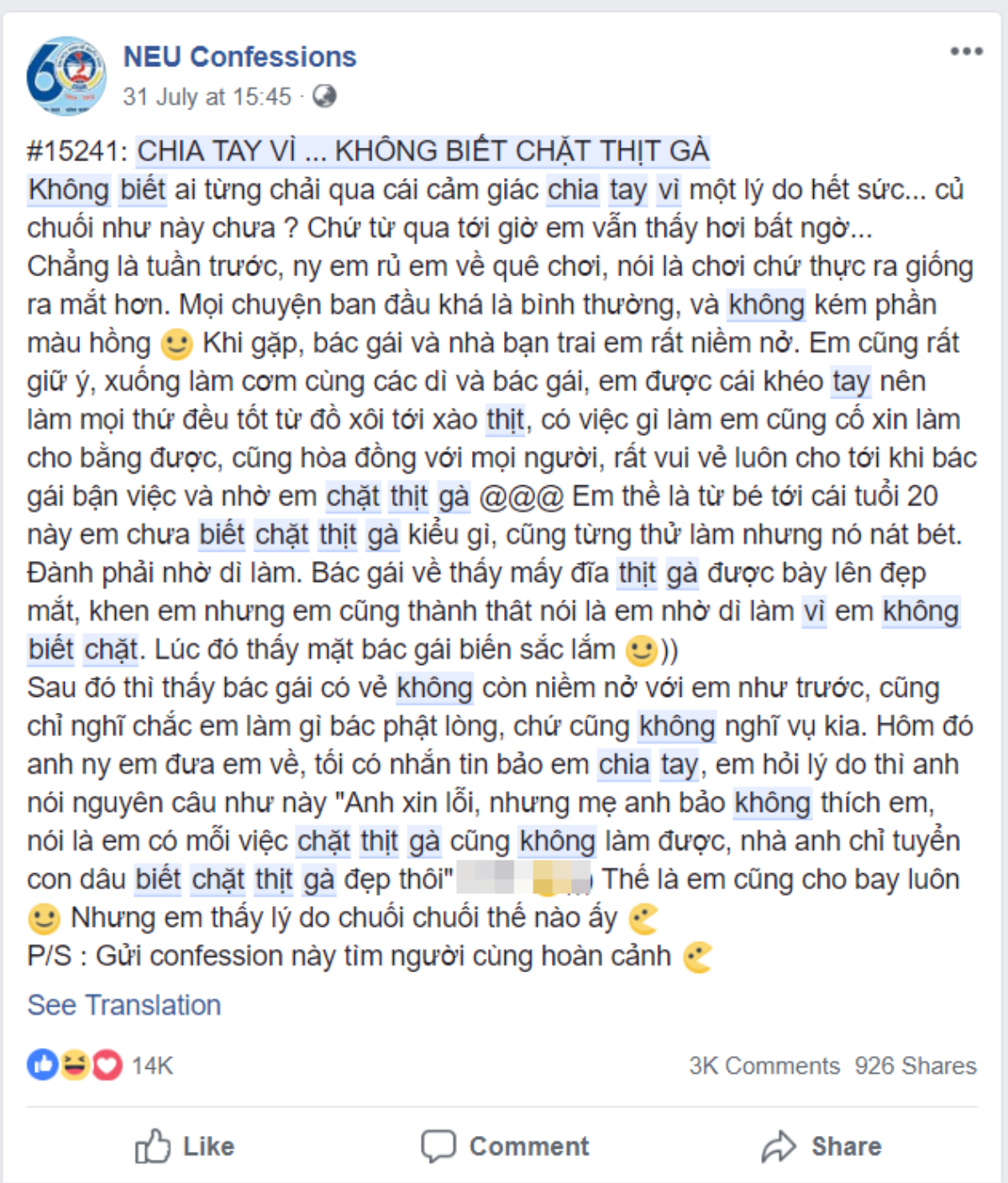 Kể chuyện bị người yêu 'đá thẳng cánh' vì không biết chặt thịt gà, nữ sinh được '500 anh em' vote chia tay Ảnh 1