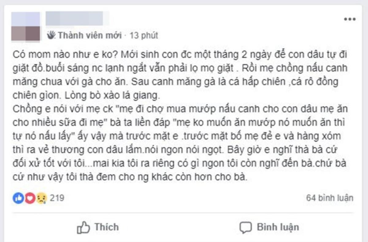 Nàng dâu tố mẹ chồng 'hai mặt', phải giặt quần áo khi mới sinh được 32 ngày, hội chị em lại bảo còn sướng chán Ảnh 1