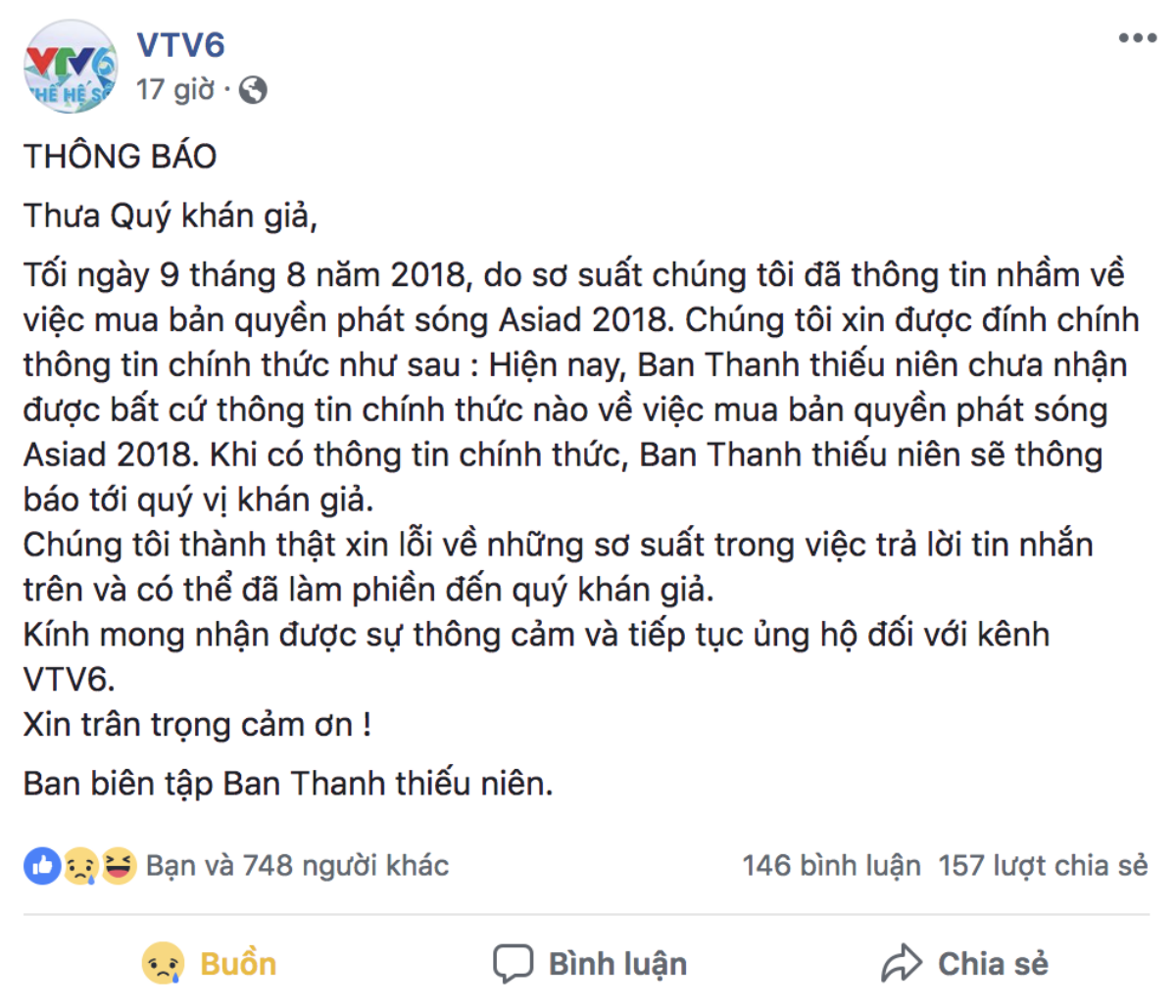 VTV đưa tin nhầm về bản quyền ASIAD 2018 làm người hâm mộ mừng hụt Ảnh 1