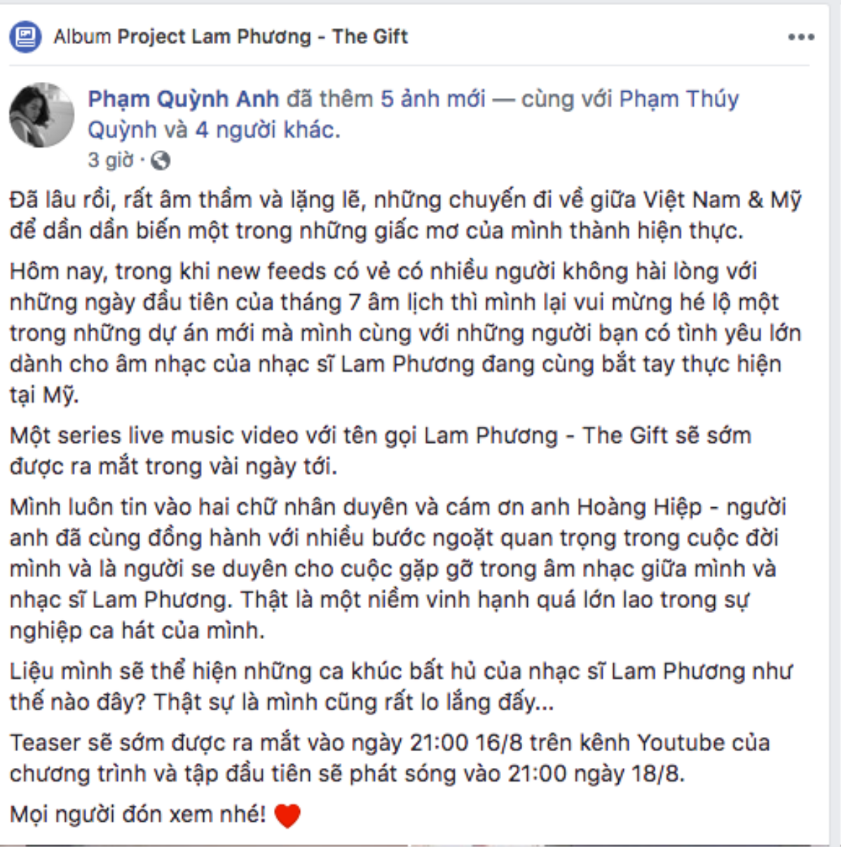 Phạm Quỳnh Anh lo lắng khi lần đầu hát nhạc Lam Phương Ảnh 1