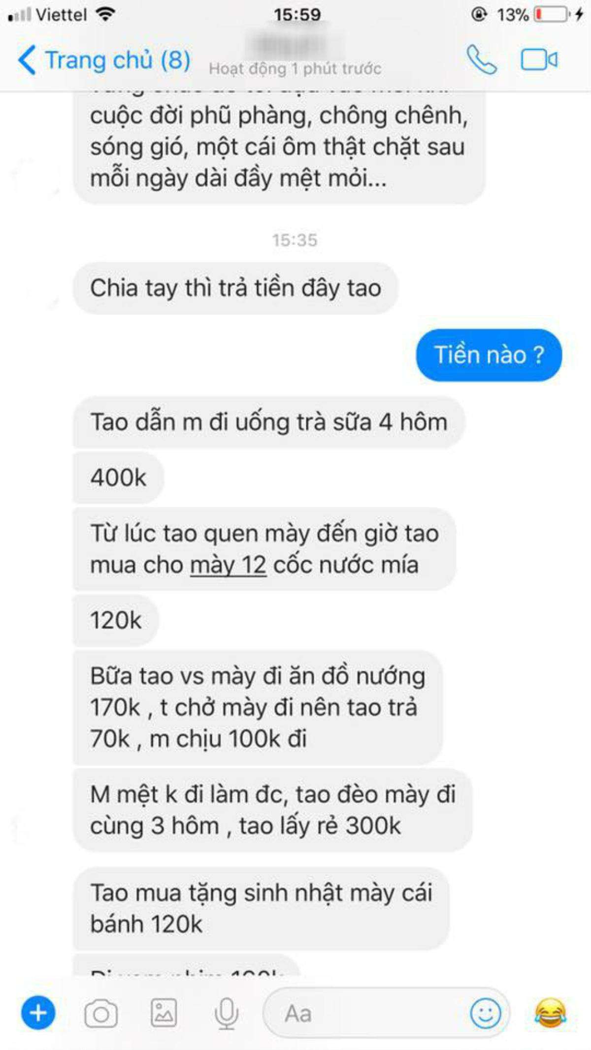 Chia tay, anh chàng nhắn tin đòi người yêu cũ từ cốc trà đá 6k tới 2k tiền gửi xe Ảnh 1