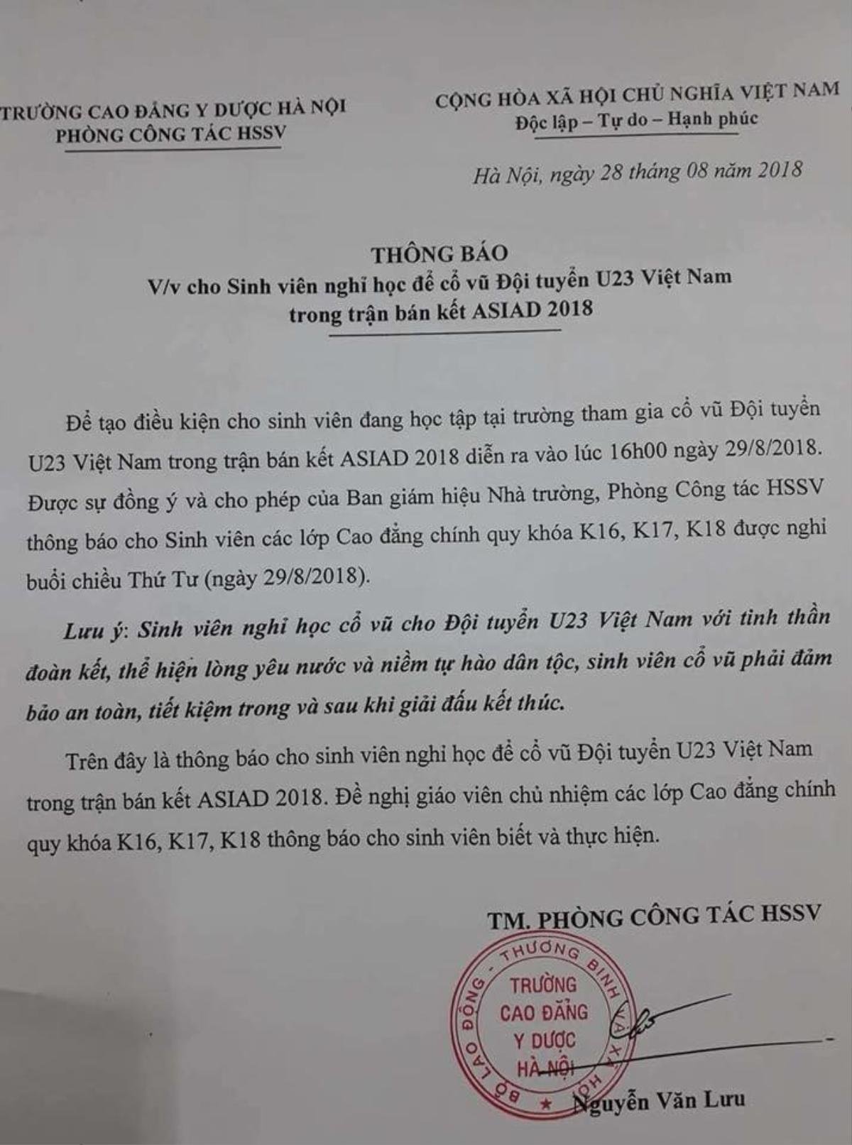 Góc khoe trường tâm lý: Cho sinh viên nghỉ học để cổ vũ U23 Việt Nam trận bán kết Asiad 2018 Ảnh 1