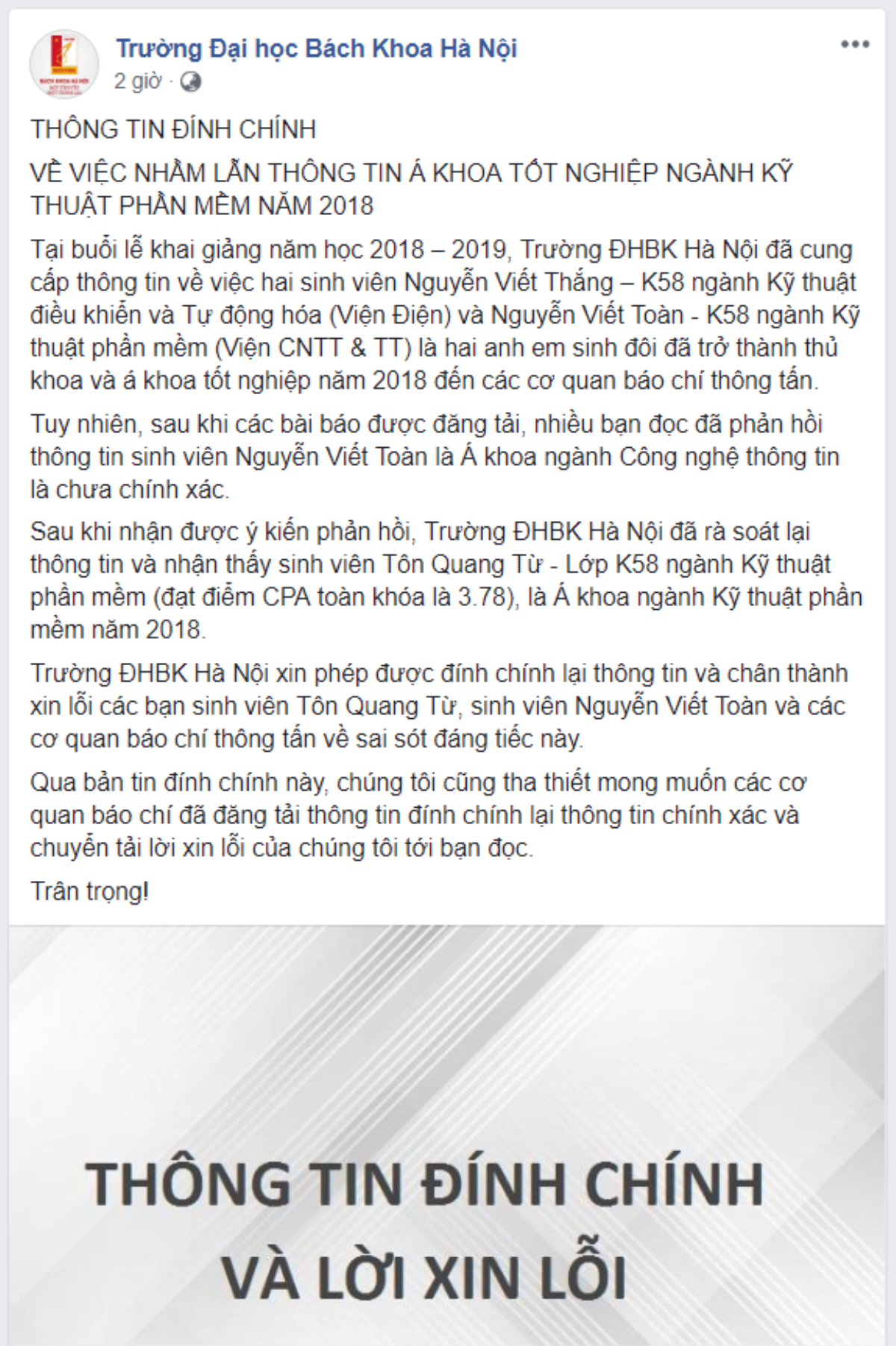 Tôn vinh và khen thưởng nhầm sinh viên Á khoa tốt nghiệp, Đại học Bách khoa lên tiếng xin lỗi Ảnh 1