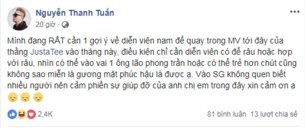 Khi JustaTee tuyển diễn viên đóng MV: Từ Hoàng Touliver, ERIK cả Văn Mai Hương đều… đua nhau ứng cử Ảnh 1