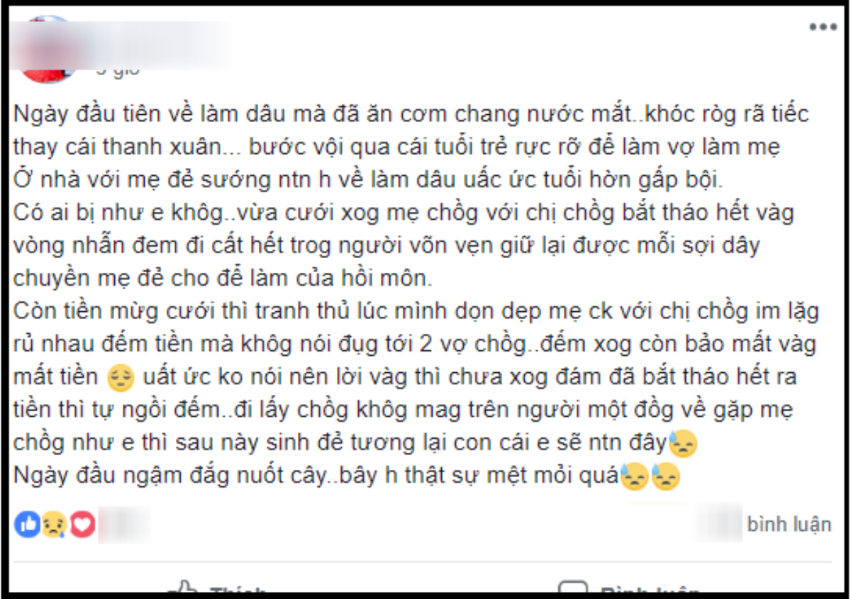 Nàng dâu uất ức kể ngày đầu tiên về nhà chồng bị mẹ chồng tự ý đếm tiền mừng cưới, bắt đưa hết vàng vòng để đem đi… cất Ảnh 1