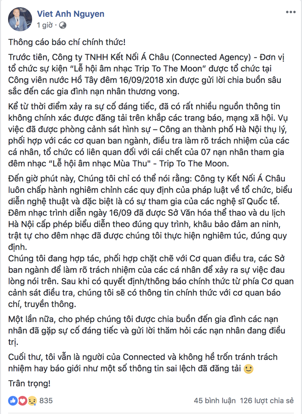 Vụ 7 người chết trong lễ hội âm nhạc ở hồ Tây: Công ty tổ chức sự kiện khẳng định không trốn tránh trách nhiệm Ảnh 1