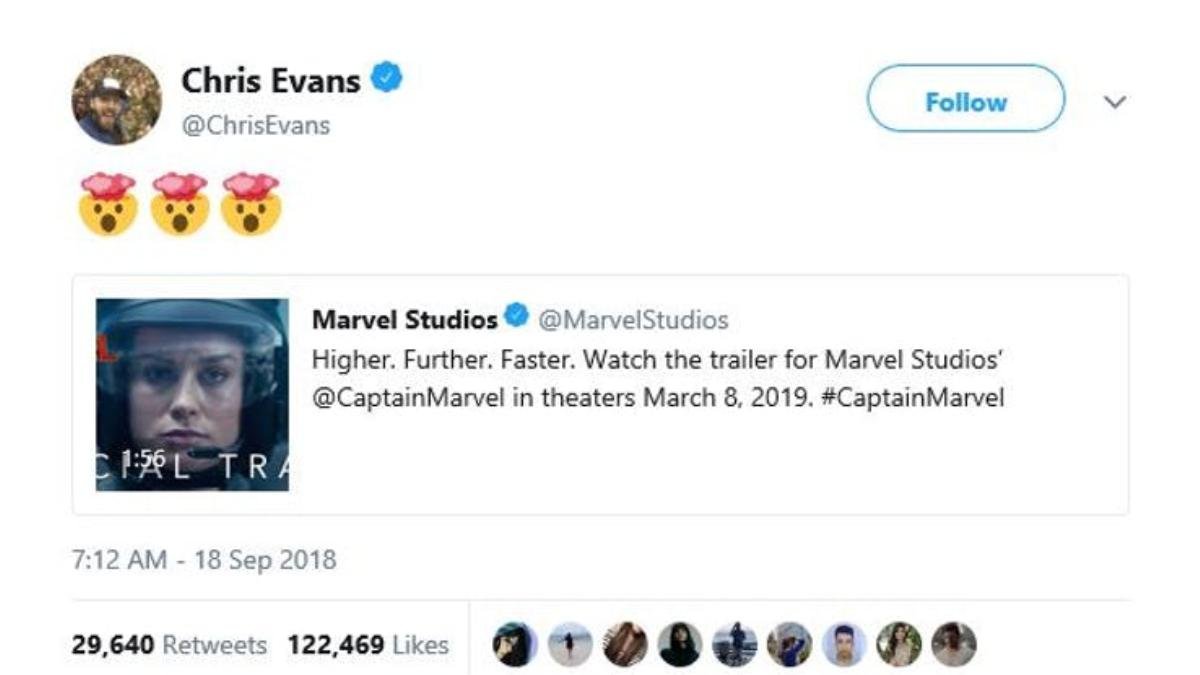 Không chỉ riêng fan Marvel, Chris Evans và loạt sao nổi tiếng cũng phấn khích với trailer của 'Captain Marvel' Ảnh 2