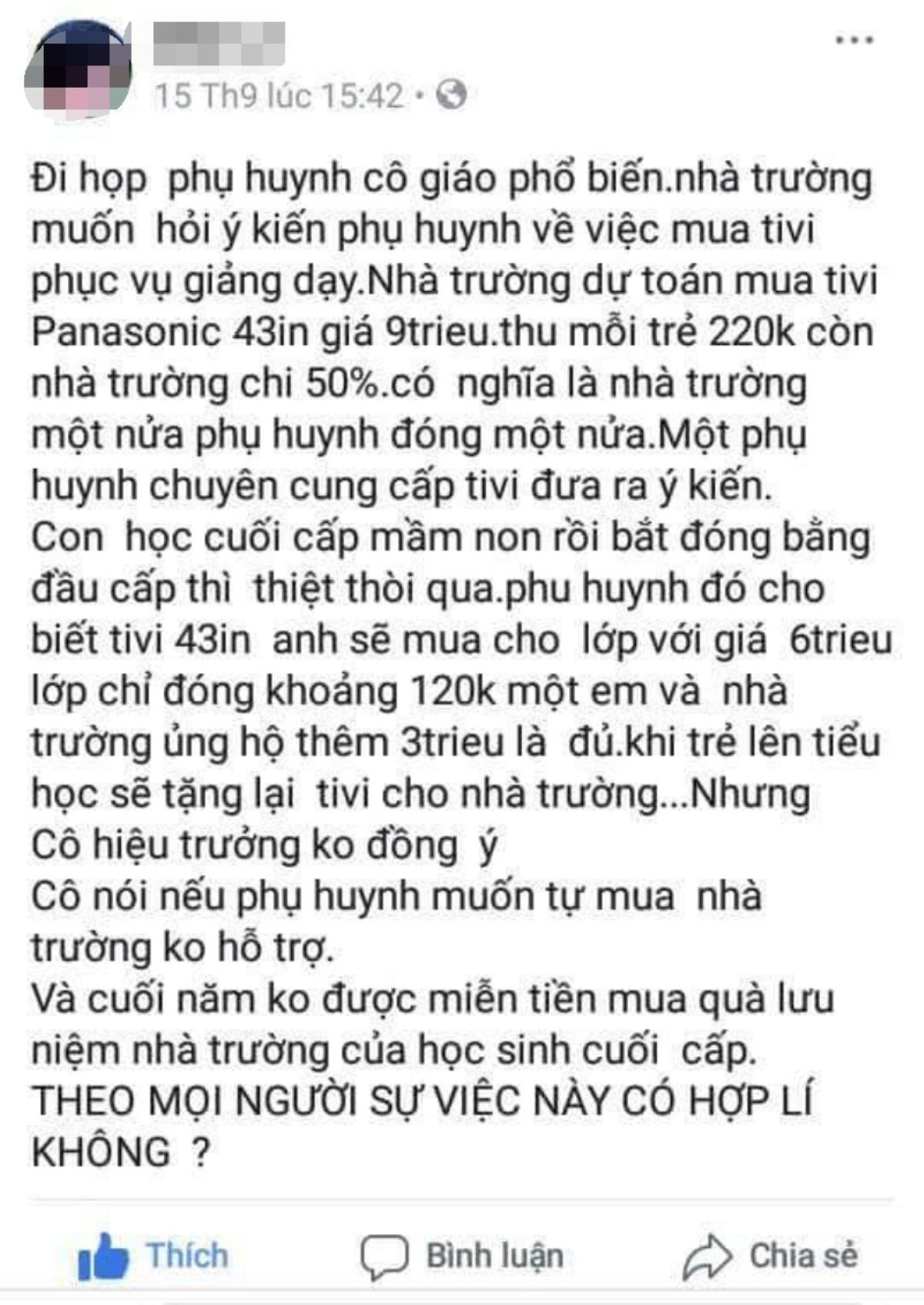 Xôn xao thông tin phụ huynh bị công an mời lên làm việc sau khi đăng thắc mắc về việc mua tivi phục vụ giảng dạy lên facebook Ảnh 1